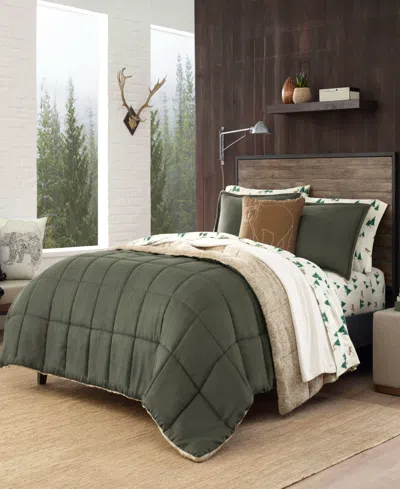 Eddie Bauer Sherwood Reversible Micro-suede Sherpa Comforter Set, Twin In Dark Green
