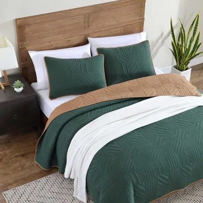 Eddie Bauer Solid Washed Reversible Green Quilt Set In Brown;green
