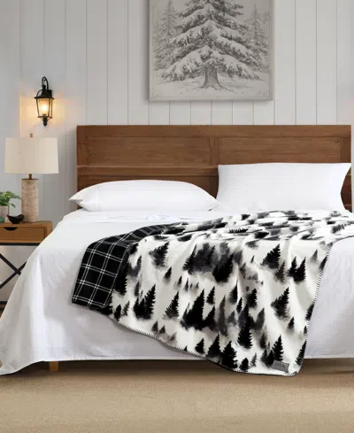 Eddie Bauer Spruce Mist Printed Plush Throw, 70" X 60" In Black