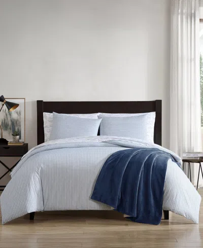 Eddie Bauer Ticking Stripe Cotton Percale 3 Piece Duvet Cover Set, King In Navy Blue