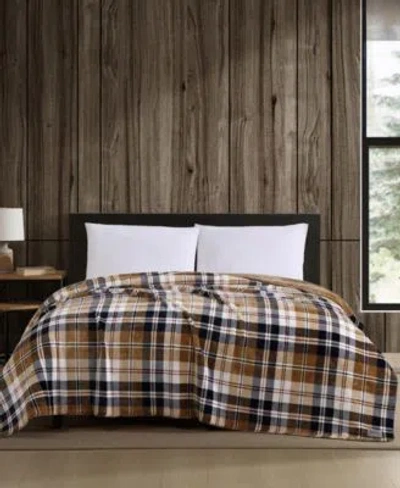 Eddie Bauer Trailhead Plaid Plush Reversible Blanket In Camel,navy