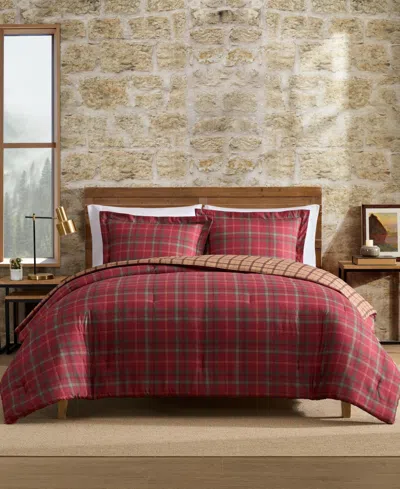 Eddie Bauer Treebark Plaid Microfiber 3-piece Comforter Set, King In Red