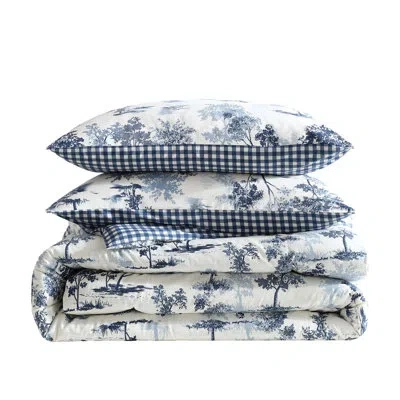 Eddie Bauer Vintage Forest Toile Cotton Reversible Comforter Set In Blue