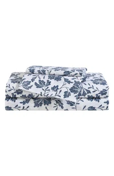 Eddie Bauer Woodblock Floral 200 Thread Count Cotton Percale Sheet Set In White/blue