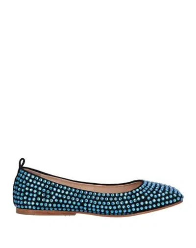Eddy Daniele Woman Ballet Flats Azure Size 8 Leather, Swarovski Crystal In Blue