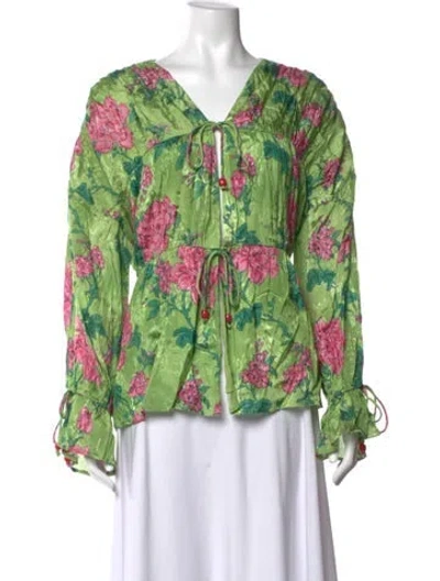 Pre-owned Eddy Floral Print V-neck Blouse In Green
