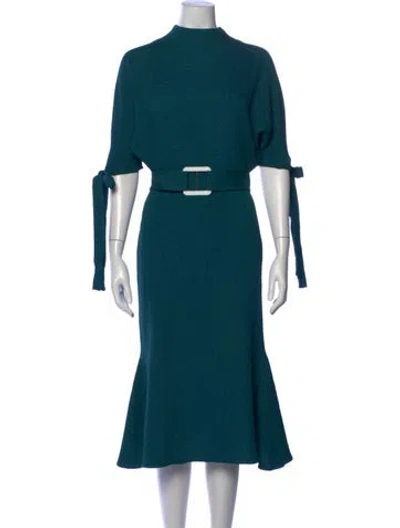 Pre-owned Edeline Lee Mock Neck Midi Length Dress In Blue