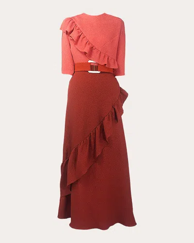 Edeline Lee Women's Astral Belted Ruffled Textured-jacquard Midi Dress In Coral/scarlet/carmine