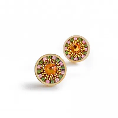 Eden + Elie Women's Green / Yellow Striped Medallion Stud Earrings - Lovebird In Multi