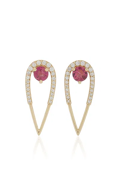 Eden Presley Large Peacock 14k Yellow Gold Tourmaline Earrings In Pink