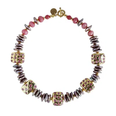 Edgar Navarro Jewelry Women's Gold / Pink Navarro Mother Of Pearl Necklace With Cherry Jade & Encrusted Golden Beads In Multi