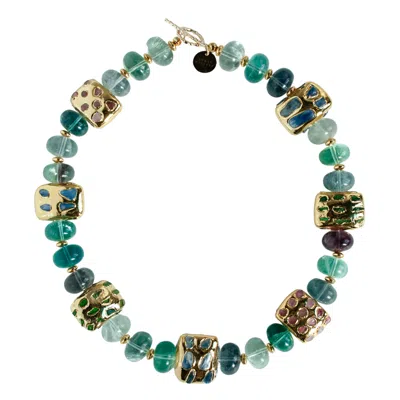 Edgar Navarro Jewelry Women's Green / Blue Navarro Fluorite Bead Necklace With Multicolor Semiprecious Stone Encrusted Gol