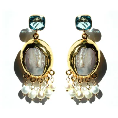 Edgar Navarro Jewelry Women's White / Blue / Gold Navarro Aquamarine Earrings With Baroque Pearl Pendants