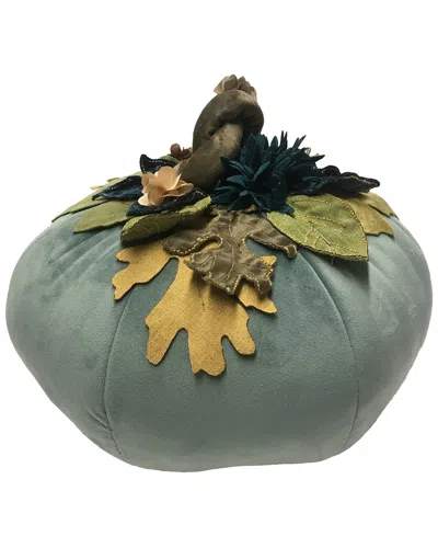 Edie Home Harvest Velvet Pumpkin Pillow With Embroidered Leaves In Mineral