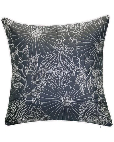 Edie Home Indoor/outdoor Fine Line Embroidered Floral Decorative Pillow In Navy