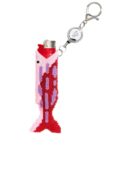 Edie Parker Beaded Fish Retractable Lighter Keychain In Red & Pink