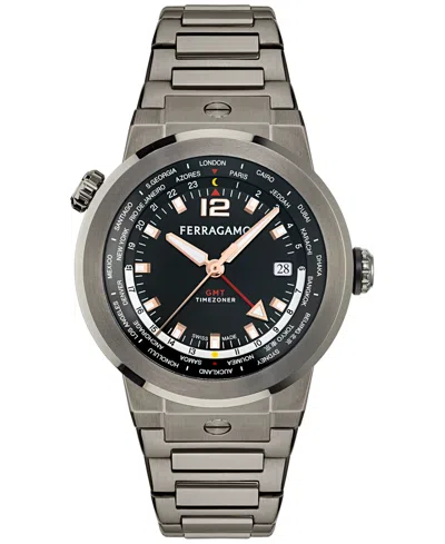 Edifier Men's Swiss F-80 Gmt Worldtime Gunmetal Ion Plated Stainless Steel Bracelet Watch 43mm