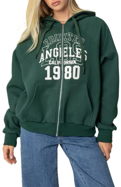 Edikted 1980 Graphic Oversize Zip Hoodie In Dark-green