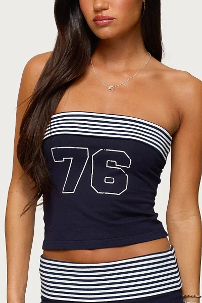 EDIKTED 76 STRIPEY FOLD OVER TUBE TOP IN NAVY/AND/WHITE, WOMEN'S AT URBAN OUTFITTERS