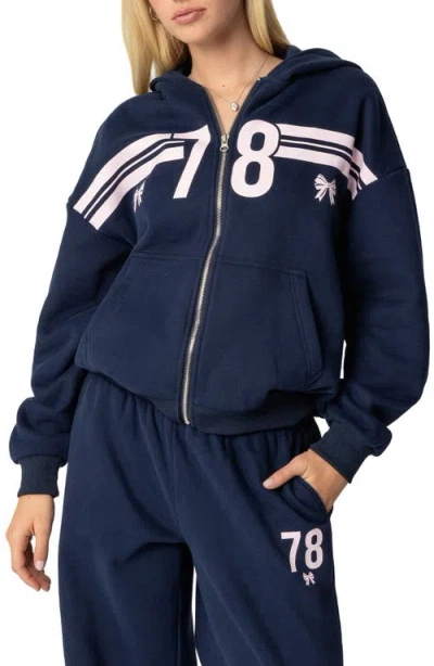 Edikted 78 Stripe Graphic Zip-up Hoodie In Navy