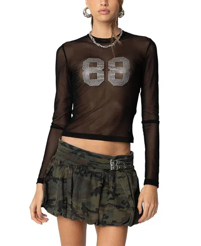 Edikted 88 Rhinestone Sheer Mesh Top In Black