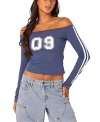 Edikted 90's Off The Shoulder Long Sleeve Tee In Blue