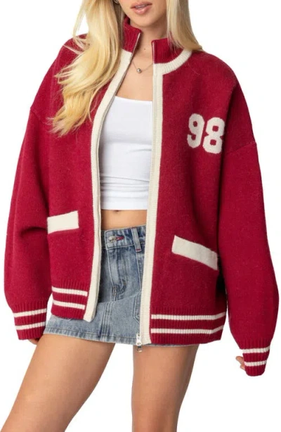 Edikted 98 Varsity Zip Sweater In Burgundy