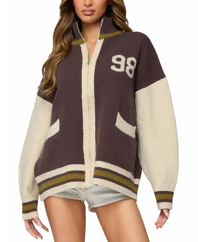 Edikted 98 Varsity Zip Up Sweater In Brown