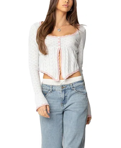 Edikted Abbie Split Front Pointelle Stitch Top In White