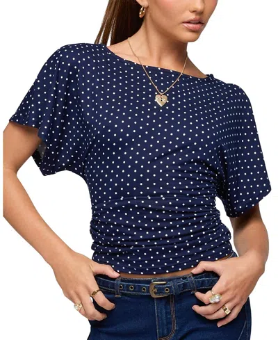 Edikted Abriana Polka Dot Ruched Waist Top In Blue