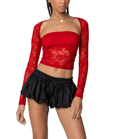 Edikted Addison Sheer Lace Two Piece Top In Red