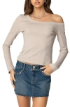 Edikted Adelaine Asymmetric One-shoulder Long Sleeve Top In Beige