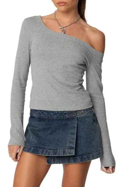 Edikted Adelaine Asymmetric One-shoulder Long Sleeve Top In Gray-melange