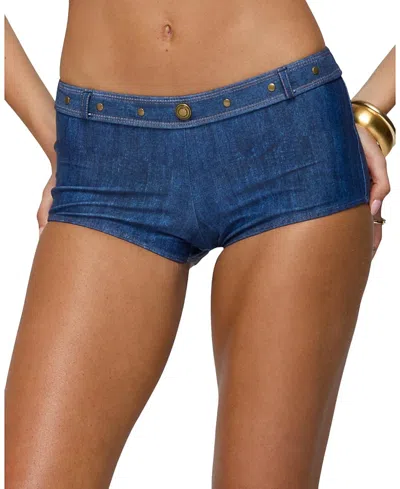 Edikted Agnes Denim Printed Boyshort Bikini Bottom In Blue