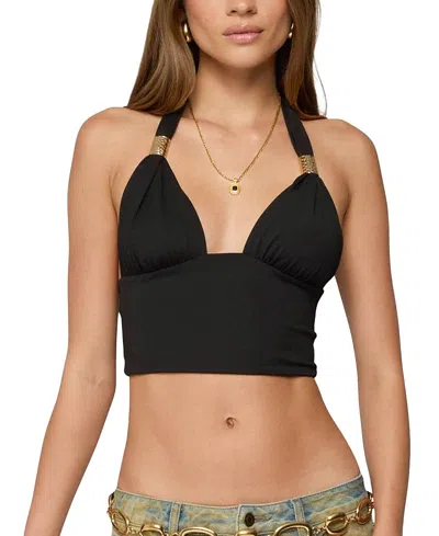 Edikted Aiva Backless Plunge Neck Halter Top In Black