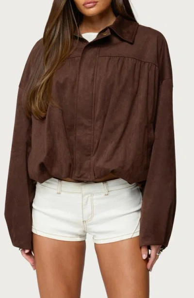 Edikted Alberta Bubble Hem Faux Suede Jacket In Brown