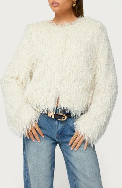 Edikted Aleandra Fringe Faux Fur Crop Jacket In White