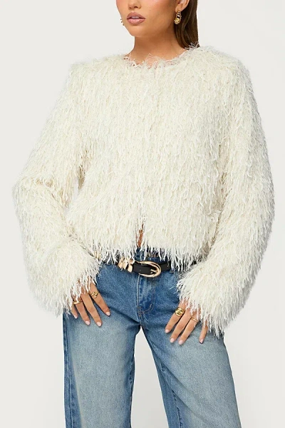 Edikted Aleandra Fringed Faux Feather Jacket In Cream, Women's At Urban Outfitters In White