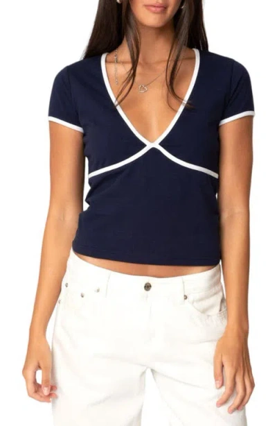 Edikted Alicia Contrast Trim V-neck Top In Navy
