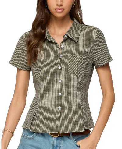 Edikted Alisa Plaid Crop Cotton Blend Button-up Shirt In Green