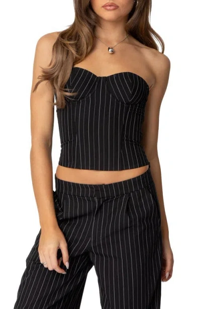 Edikted Aliza Strapless Pinstripe Corset Top In Black-and-white
