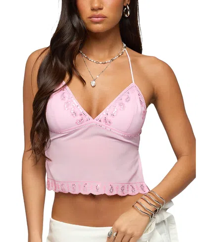 Edikted Allise Backless Sequin Halter Top In Pink