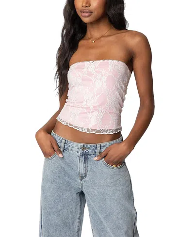 Edikted Allison Lace Crop Tube Top In White-and-pink