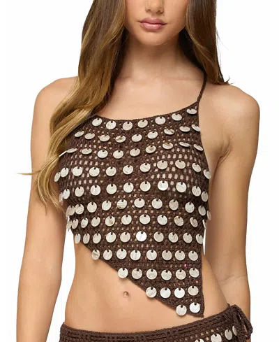 Edikted Alora Paillette Open Stitch Asymmetric Crop Top In Brown