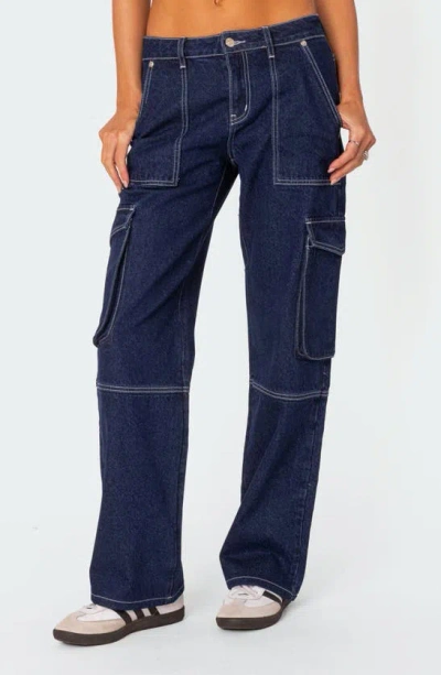 Edikted Alyssa Contrast Stitch Wide Leg Cargo Jeans In Blue