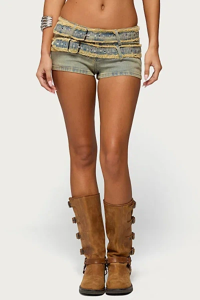 Edikted Alyza Distressed Belted Denim Shorts In Blue