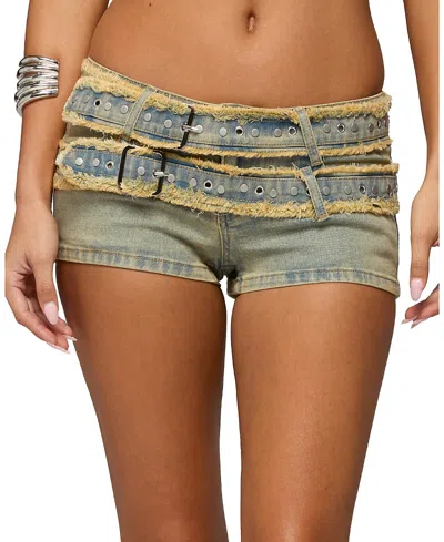 Edikted Alyza Distressed Belt Washed Denim Micro Shorts In Multi