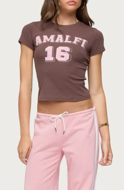 Edikted Amalfi Contrast Stretch Cotton Blend Crop Graphic T-shirt In Brown