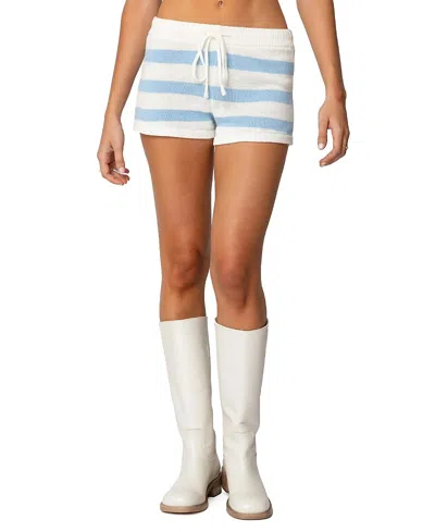Edikted Amaris Striped Knit Shorts In Light-blue