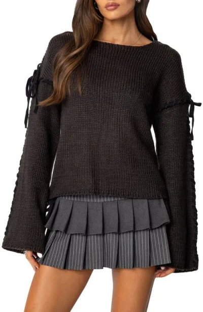 Edikted Amelia Lace Up Sleeve Sweater In Dark-gray